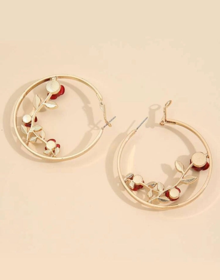Gold Red Roses Hoop Earrings image 1