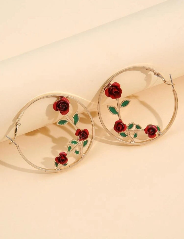 Gold Red Roses Hoop Earrings image 0