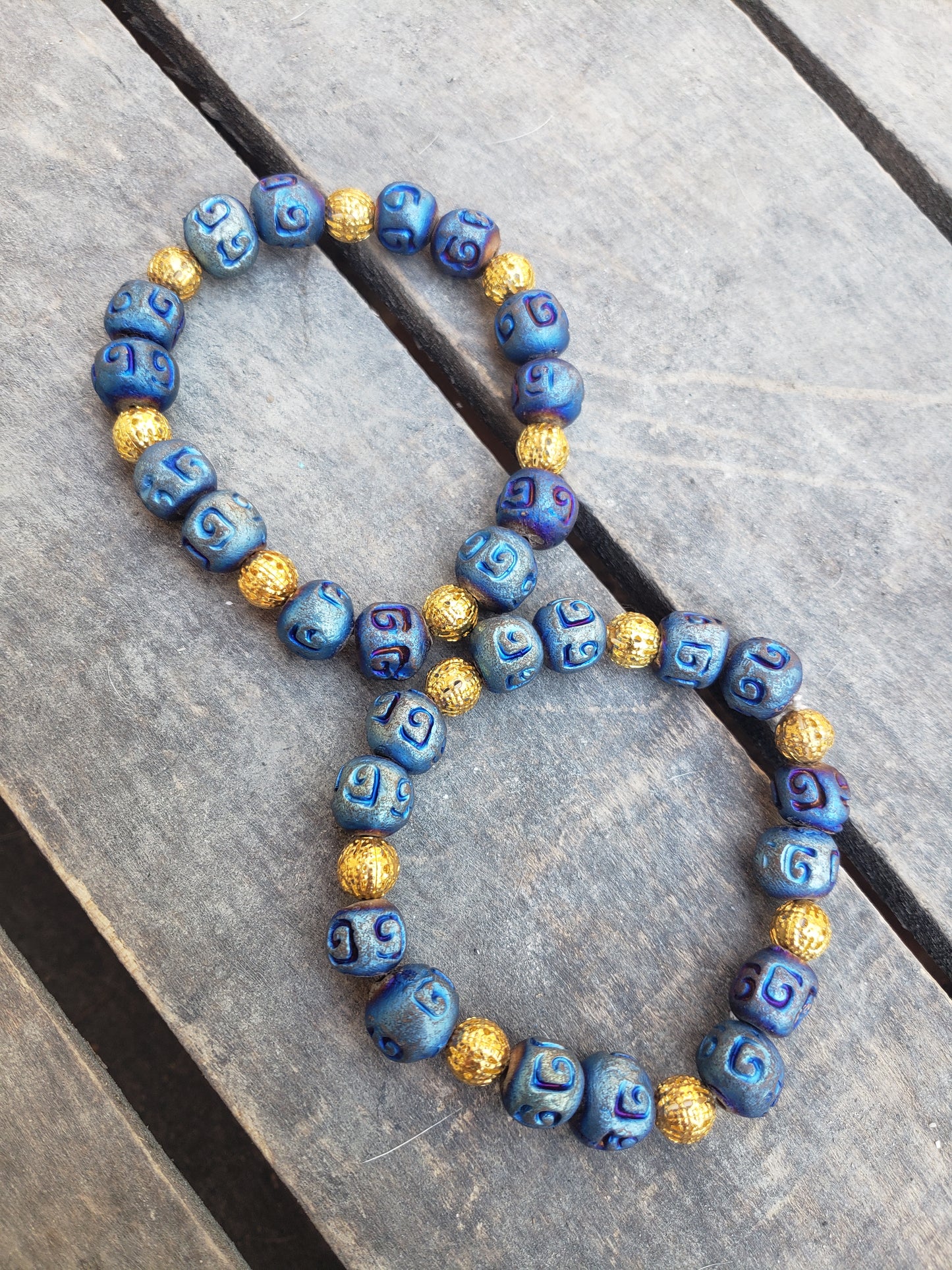 Blue and Glod Ceramic Spiral Symbol Bracelet image 1