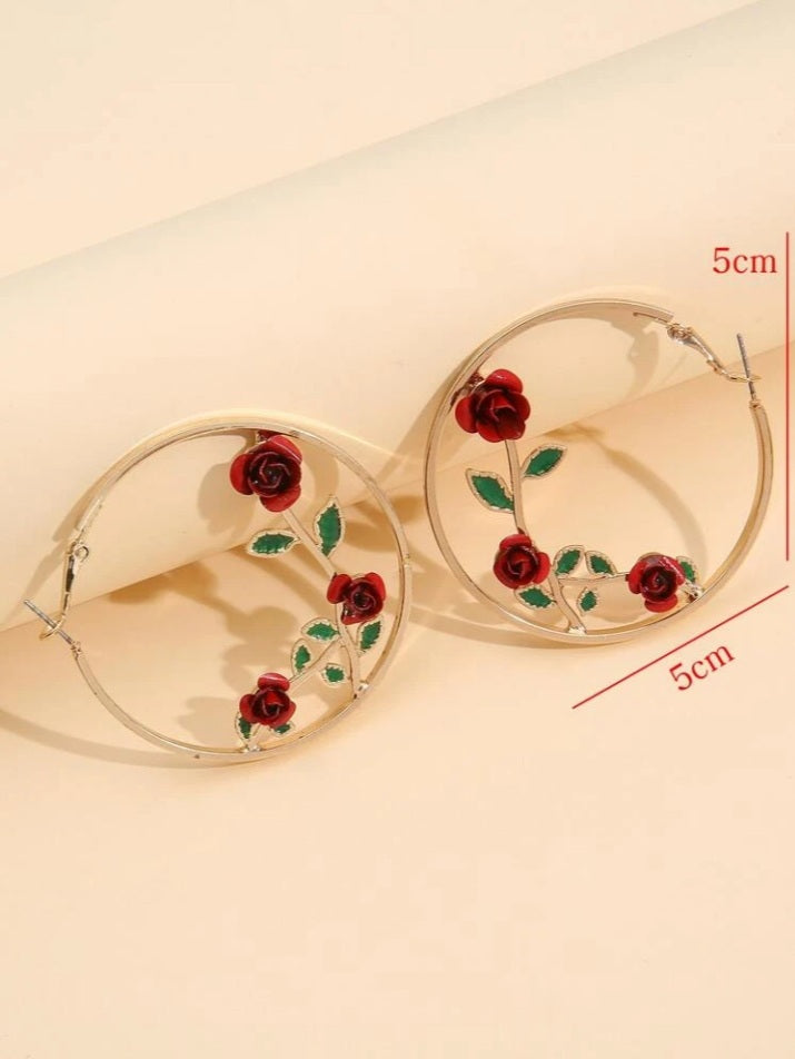 Gold Red Roses Hoop Earrings image 2