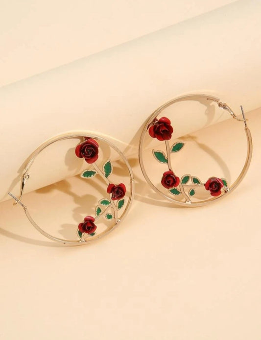 Gold Red Roses Hoop Earrings image 0