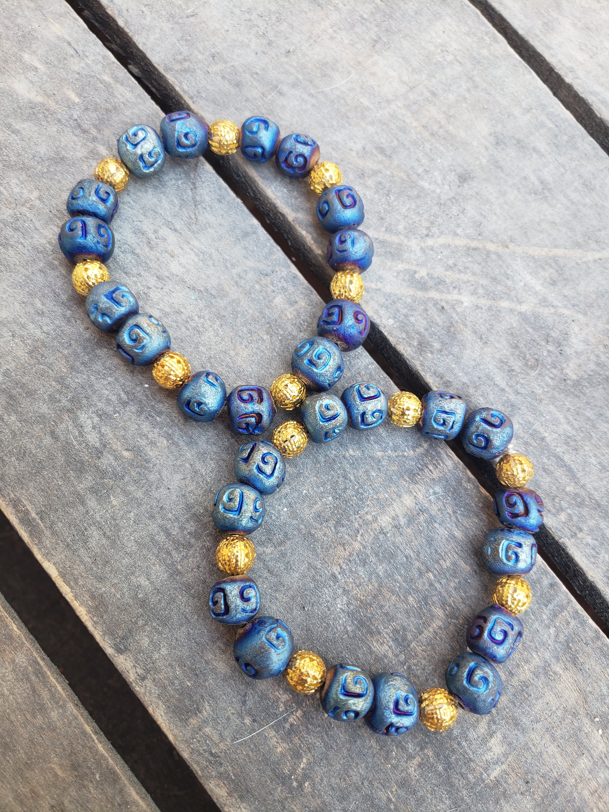 Blue and Glod Ceramic Spiral Symbol Bracelet image 1