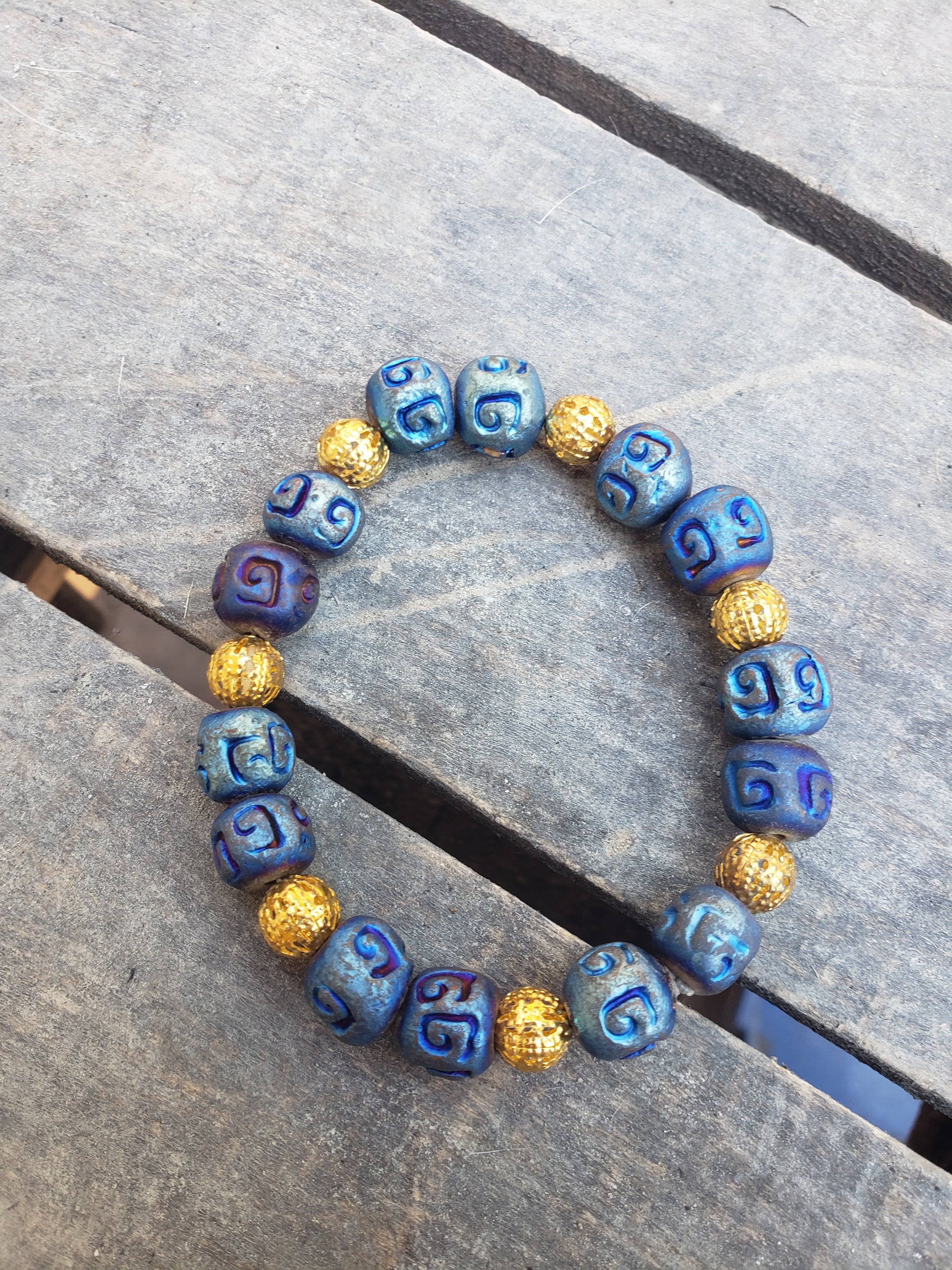 Blue and Glod Ceramic Spiral Symbol Bracelet image 0
